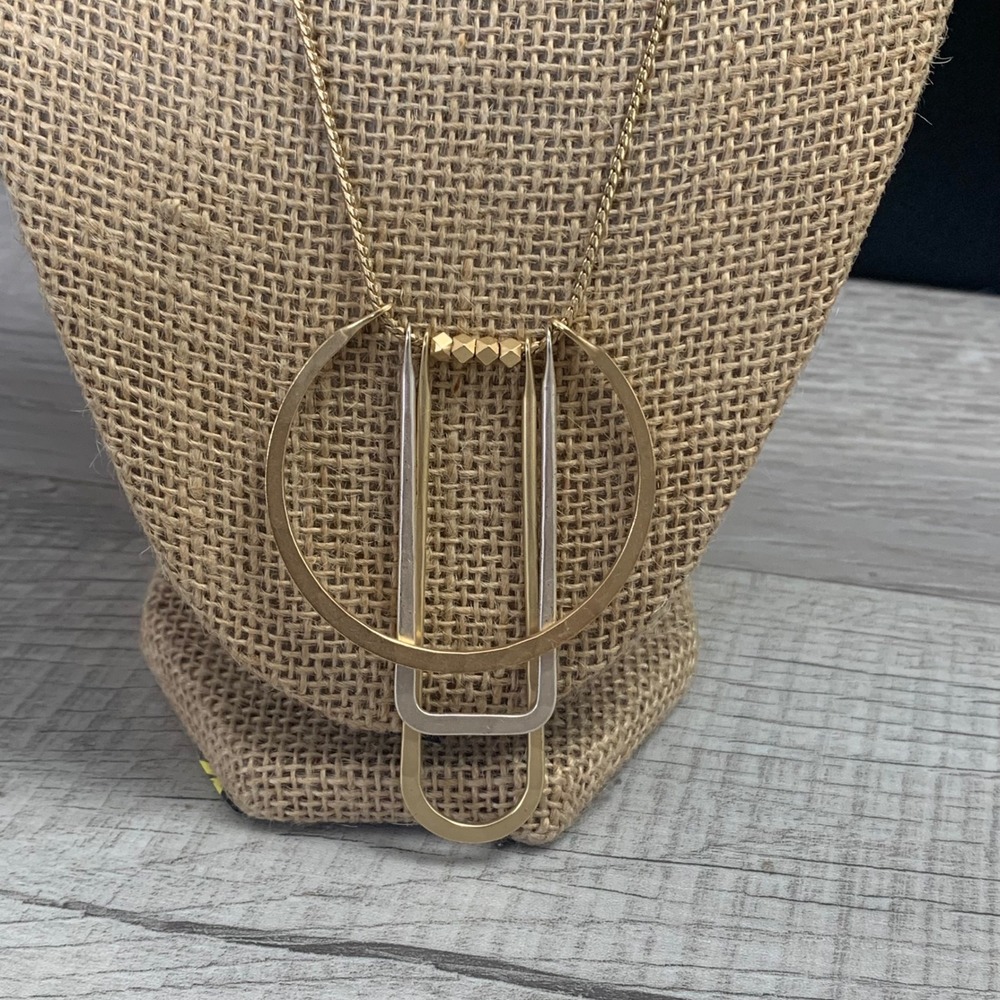 Lucky Brand Mixed Metal Geometric Pendant Necklace Gold Silver Tone 26 Inch